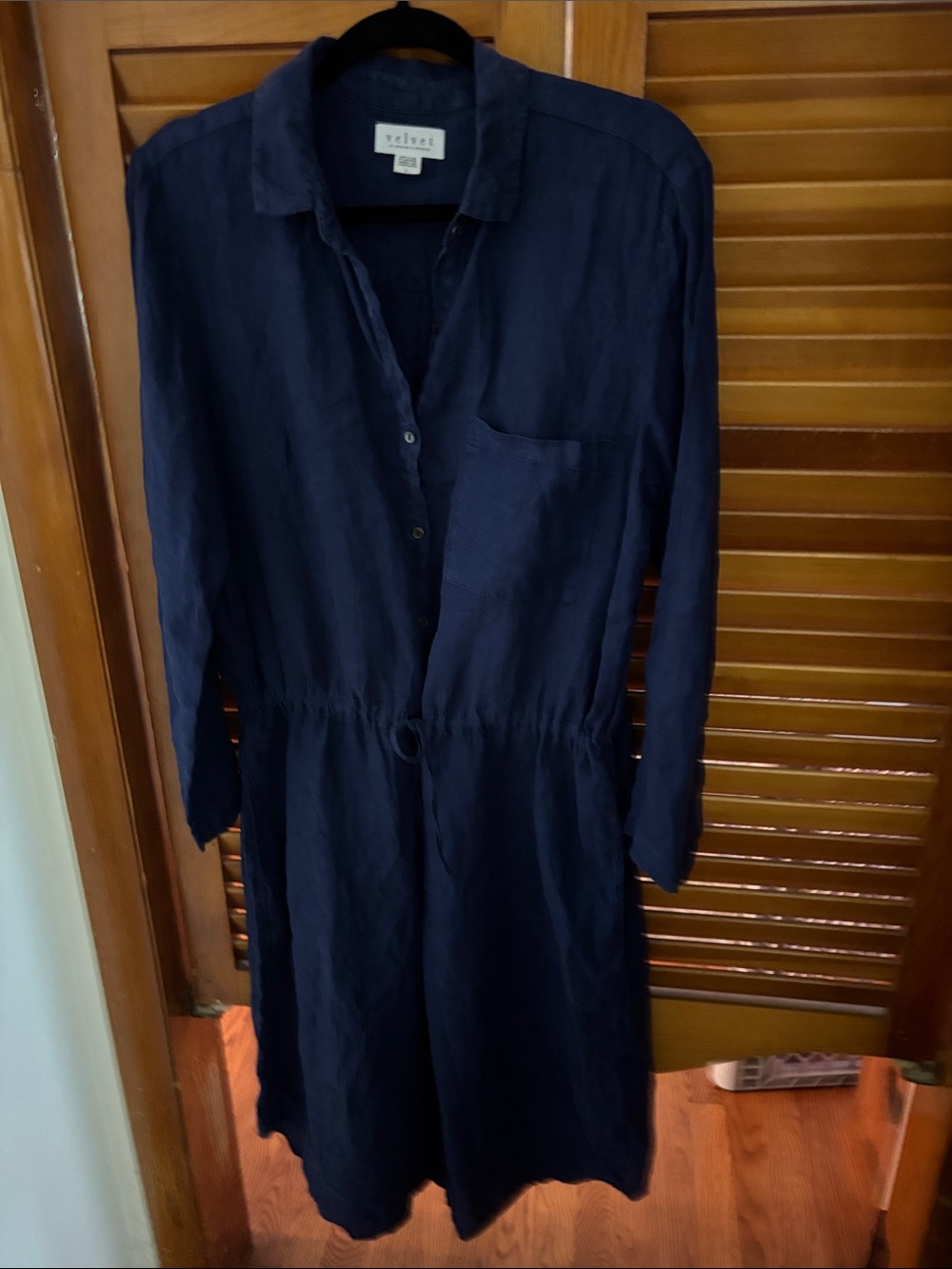Velvet Navy Long-Sleeve Shirt Dress with Drawstring Waist